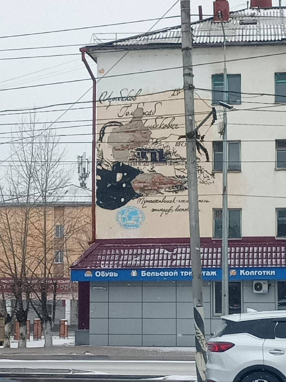 Фото В Улан-Удэ хотят закрыть баннером осыпающийся мурал ученому на улице Терешковой